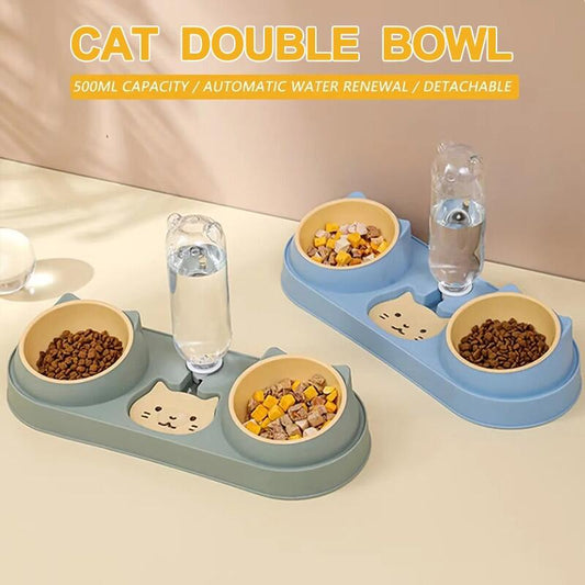 New Double Dog Cat Bowls with Water Dispenser Tilted Cat Food Dishes
